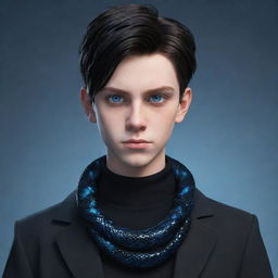 A 3D animated depiction of a serious teenage boy, clothed in stylish black aesthetic attire, showcasing intense blue eyes, with an icy serpent coiled around his neck.