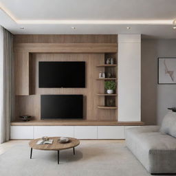 2.5-meter TV unit design incorporated with a load-bearing column on the left side, demonstrating optimal use of space while maintaining aesthetic appeal.