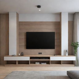 2.5-meter TV unit design incorporated with a load-bearing column on the left side, demonstrating optimal use of space while maintaining aesthetic appeal.