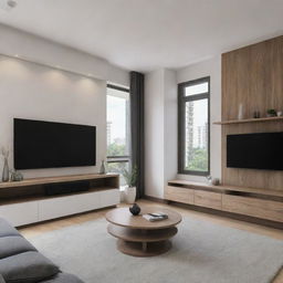 2.5-meter TV unit design incorporated with a load-bearing column on the left side, demonstrating optimal use of space while maintaining aesthetic appeal.