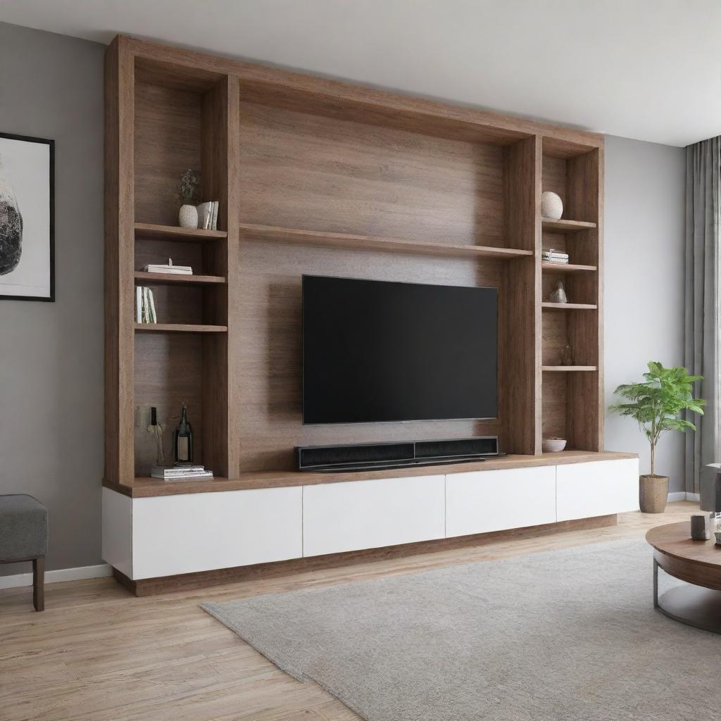 2.5-meter TV unit design incorporated with a load-bearing column on the left side, demonstrating optimal use of space while maintaining aesthetic appeal.