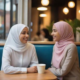 A happy Muslim girl and boy on a date, engaging in a friendly chat in a cafe emitting a warm evening ambiance.