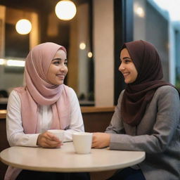 A happy Muslim girl and boy on a date, engaging in a friendly chat in a cafe emitting a warm evening ambiance.