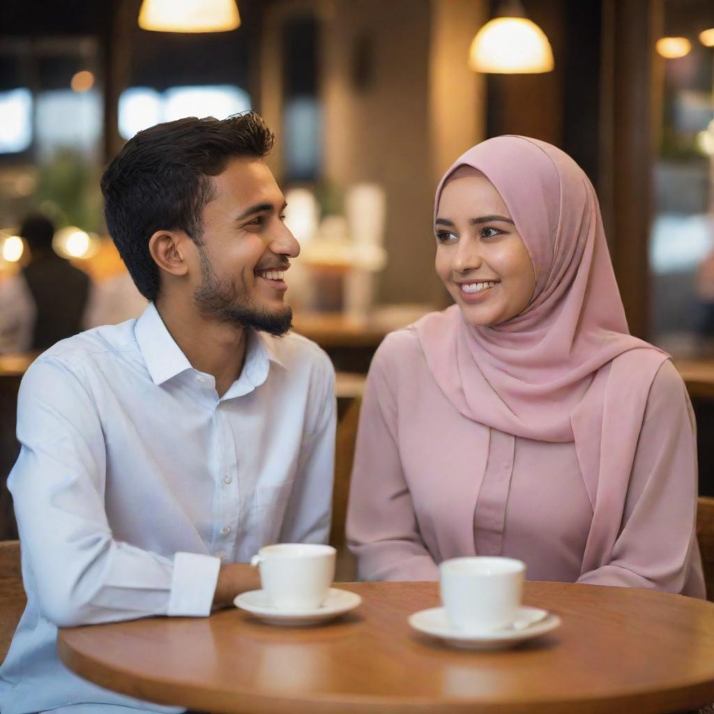 A happy Muslim girl and boy on a date, engaging in a friendly chat in a cafe emitting a warm evening ambiance.