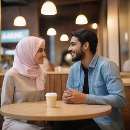 A happy Muslim girl and boy on a date, engaging in a friendly chat in a cafe emitting a warm evening ambiance.