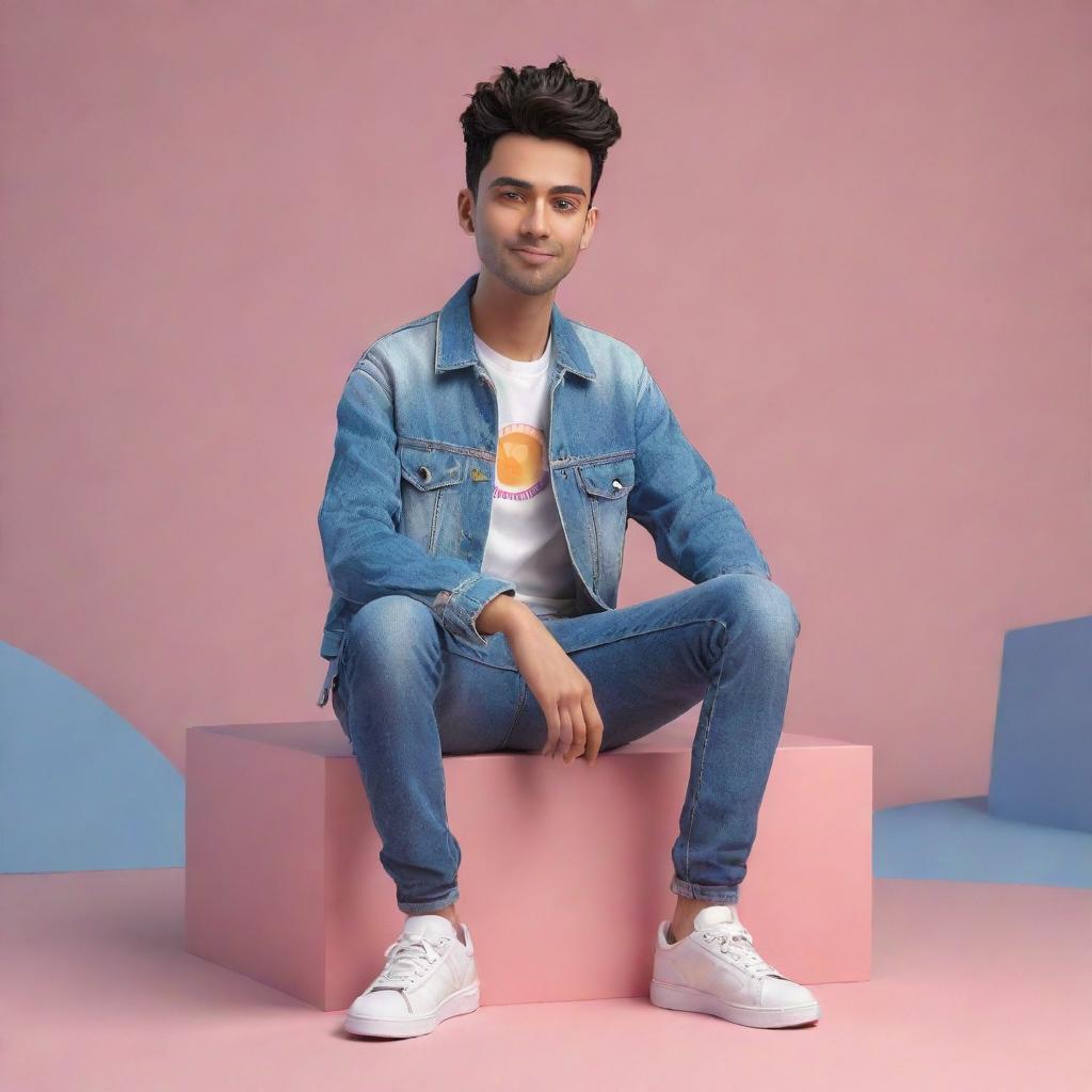 A 3D illustration of a character casually sitting on an Instagram logo, wearing modern casual clothing such as a jean jacket and sneakers. The background is a social media profile page with the username 'asad_khan_453' and a matching profile picture.