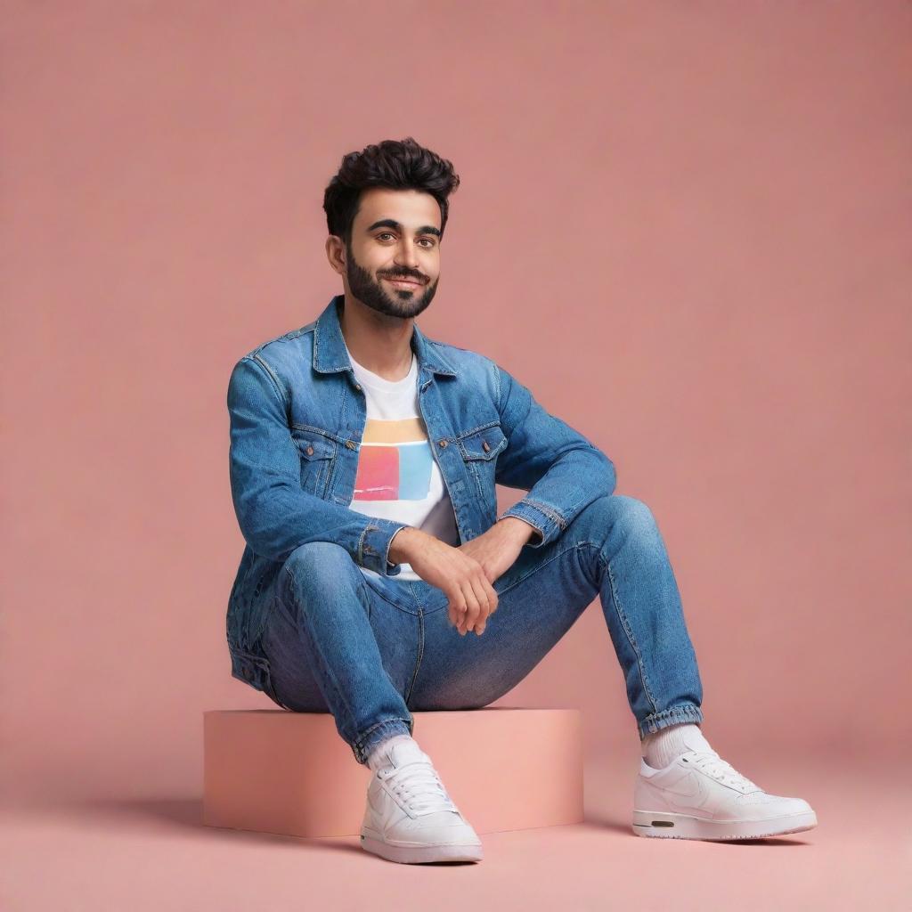 A 3D illustration of a character casually sitting on an Instagram logo, wearing modern casual clothing such as a jean jacket and sneakers. The background is a social media profile page with the username 'asad_khan_453' and a matching profile picture.