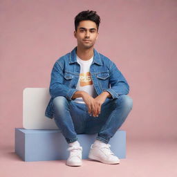 A 3D illustration of a character casually sitting on an Instagram logo, wearing modern casual clothing such as a jean jacket and sneakers. The background is a social media profile page with the username 'asad_khan_453' and a matching profile picture.