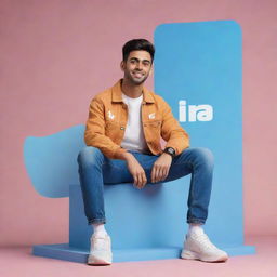 A 3D illustration of a character casually sitting on an Instagram logo, wearing modern casual clothing such as a jean jacket and sneakers. The background is a social media profile page with the username 'asad_khan_453' and a matching profile picture.