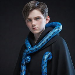 A 3D animated boy with a serious expression, robed in black aesthetic attire, boasting vivid blue eyes, with a gleaming ice snake entwined around his neck.