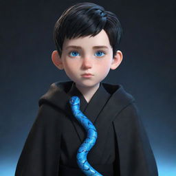 A 3D animated boy with a serious expression, robed in black aesthetic attire, boasting vivid blue eyes, with a gleaming ice snake entwined around his neck.