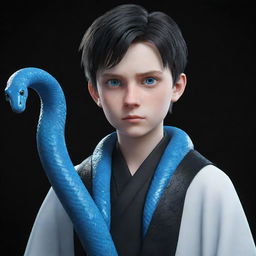 A 3D animated boy with a serious expression, robed in black aesthetic attire, boasting vivid blue eyes, with a gleaming ice snake entwined around his neck.