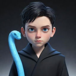 A 3D animated boy with a serious expression, robed in black aesthetic attire, boasting vivid blue eyes, with a gleaming ice snake entwined around his neck.