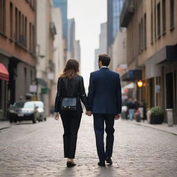 Two lovers holding hands, strolling through the lively city streets, enveloped by the energy of the metropolis, sharing intimate moments against a captivating urban backdrop.