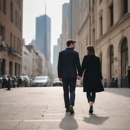 Two lovers holding hands, strolling through the lively city streets, enveloped by the energy of the metropolis, sharing intimate moments against a captivating urban backdrop.