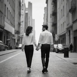 Two lovers holding hands, strolling through the lively city streets, enveloped by the energy of the metropolis, sharing intimate moments against a captivating urban backdrop.