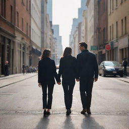 Two lovers holding hands, strolling through the lively city streets, enveloped by the energy of the metropolis, sharing intimate moments against a captivating urban backdrop.