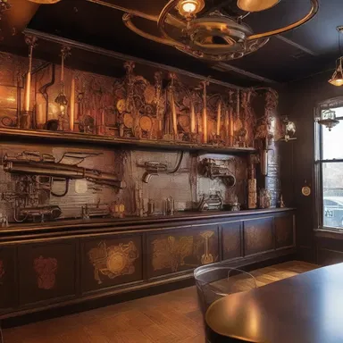 The steampunk-themed bar featured an intriguing centerpiece - a wall adorned with burp guns arranged in an artistic pattern.