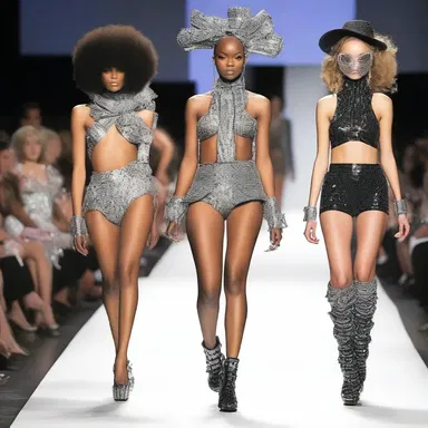 The avant-garde fashion show stunned the audience with models strutting down the runway while carrying bedazzled burp guns as accessories.