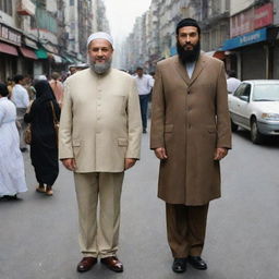 A tall, large-built man coupled with a shorter Muslim girl, standing side by side in a bustling city street.