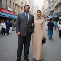 A tall, large-built man coupled with a shorter Muslim girl, standing side by side in a bustling city street.