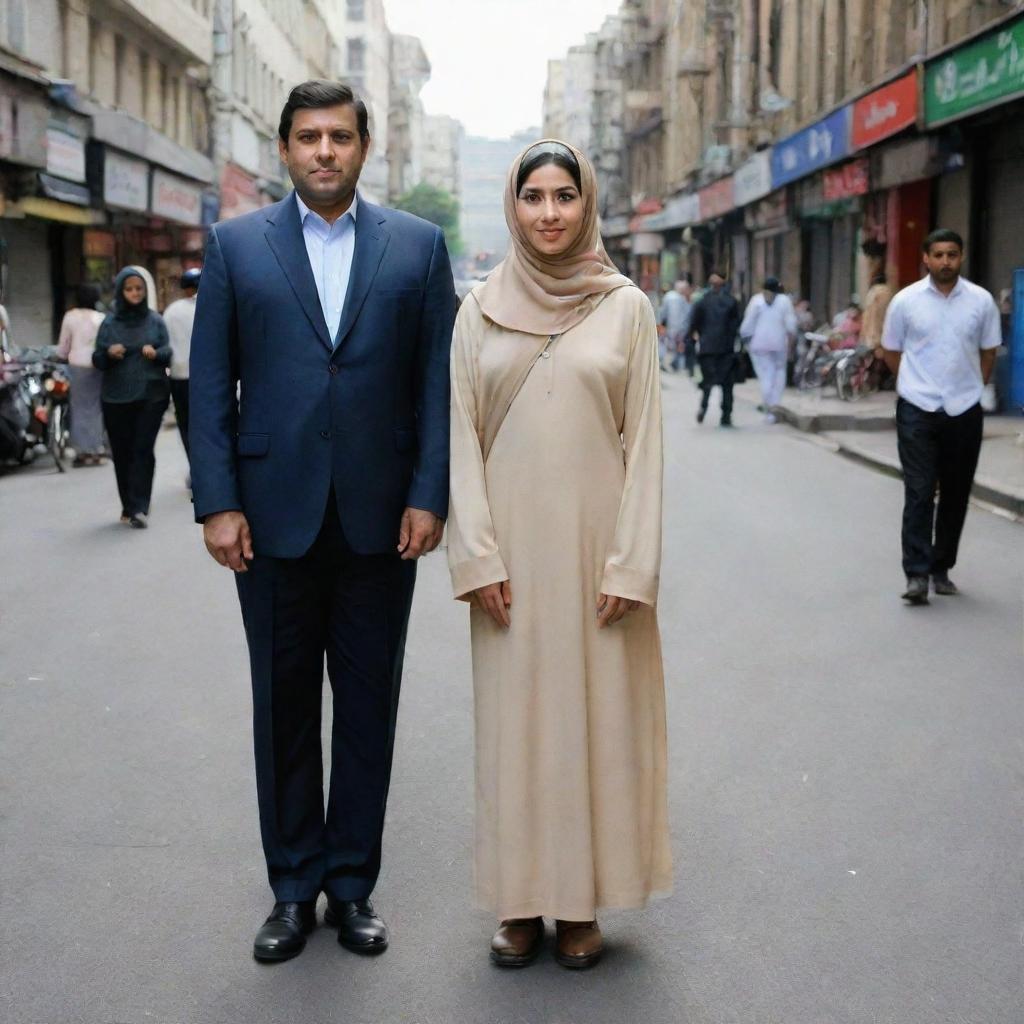 A tall, large-built man coupled with a shorter Muslim girl, standing side by side in a bustling city street.