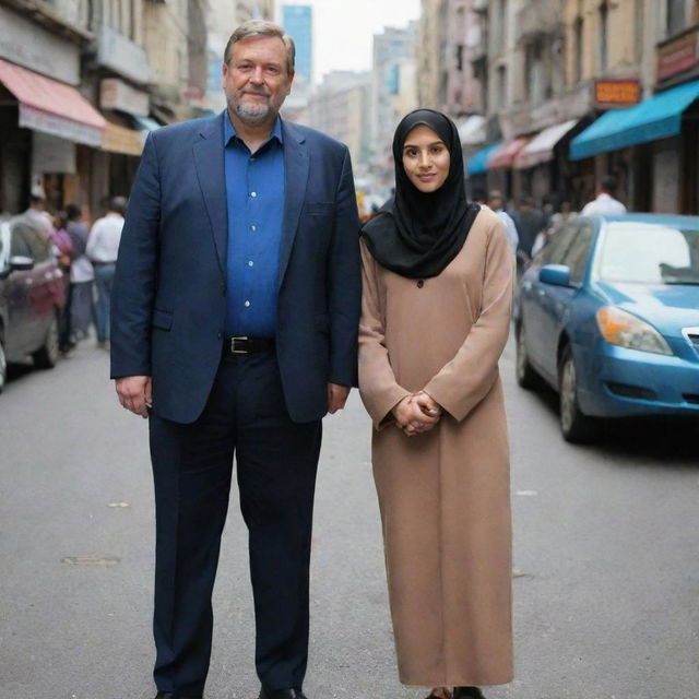 A tall, large-built man coupled with a shorter Muslim girl, standing side by side in a bustling city street.