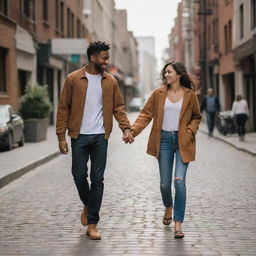 Two lovers walking hand in hand through lively city streets, sharing moments of connection amid urban hustle, their faces radiating joy that amuses onlooking kids.