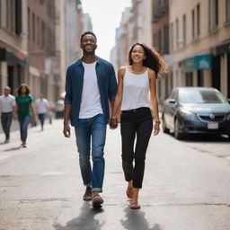 Two lovers walking hand in hand through lively city streets, sharing moments of connection amid urban hustle, their faces radiating joy that amuses onlooking kids.