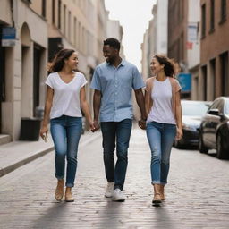 Two lovers walking hand in hand through lively city streets, sharing moments of connection amid urban hustle, their faces radiating joy that amuses onlooking kids.