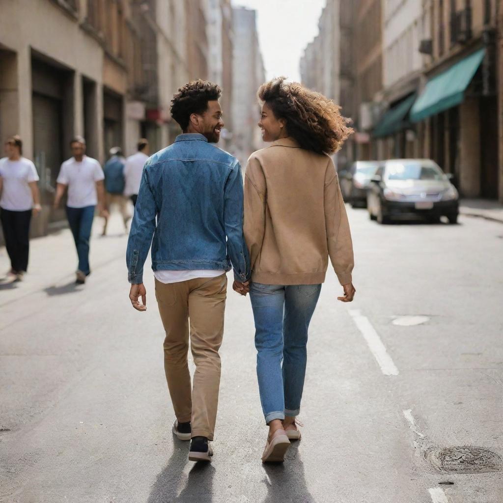 Two lovers walking hand in hand through lively city streets, sharing moments of connection amid urban hustle, their faces radiating joy that amuses onlooking kids.