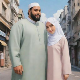 An Anime representation of a unique couple - a tall, large-built man and a shorter Muslim girl, creating a harmonious image filled with love.