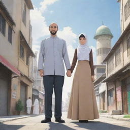 An Anime representation of a unique couple - a tall, large-built man and a shorter Muslim girl, creating a harmonious image filled with love.