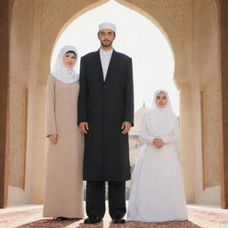 An Anime representation of a unique couple - a tall, large-built man and a shorter Muslim girl, creating a harmonious image filled with love.