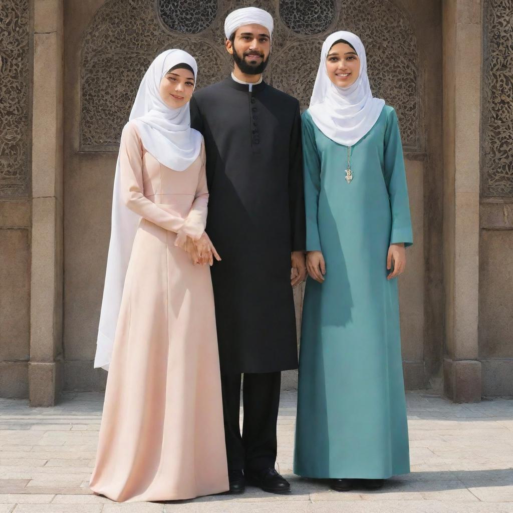 An Anime representation of a unique couple - a tall, large-built man and a shorter Muslim girl, creating a harmonious image filled with love.