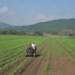 An Indian farmer immersed in plowing verdant green fields under a clear blue sky