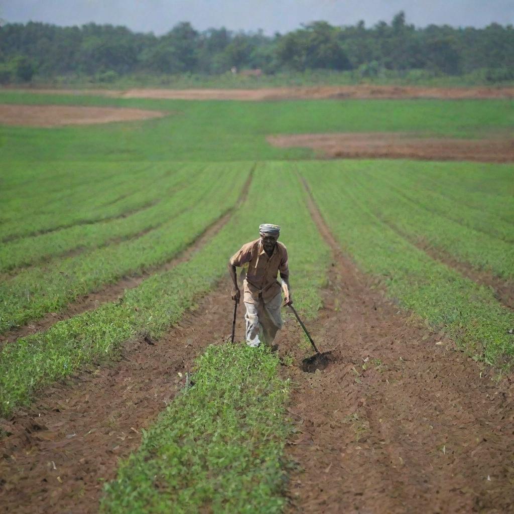 An Indian farmer immersed in plowing verdant green fields under a clear blue sky