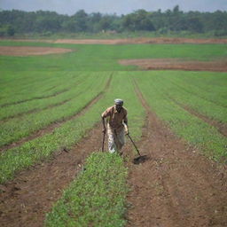 An Indian farmer immersed in plowing verdant green fields under a clear blue sky