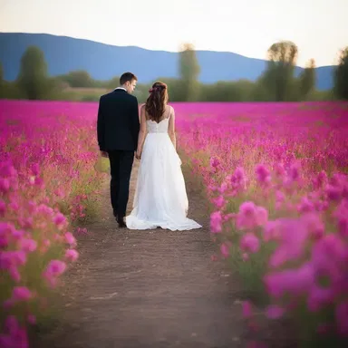 Walking through the moonlit field, they were surrounded by the maravilla's vibrant deep pink flowers, creating a romantic atmosphere.