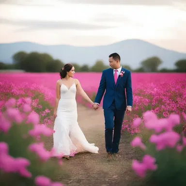 Walking through the moonlit field, they were surrounded by the maravilla's vibrant deep pink flowers, creating a romantic atmosphere.