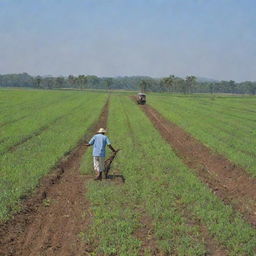 An Indian farmer immersed in plowing verdant green fields under a clear blue sky