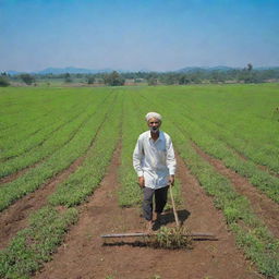 An Indian farmer immersed in plowing verdant green fields under a clear blue sky