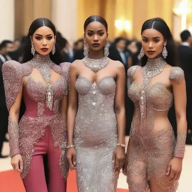 The fashionistas at the gala event stunned everyone with their extravagant outfits, adorned with bejeweled epaulets on their shoulders.