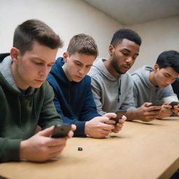 Four young men engrossed in playing a multiplayer shooting game, 'Mini Militia', on their mobile phones, showing intense focus and camaraderie.