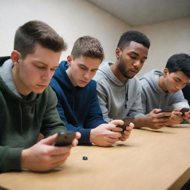 Four young men engrossed in playing a multiplayer shooting game, 'Mini Militia', on their mobile phones, showing intense focus and camaraderie.