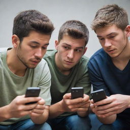 Four young men engrossed in playing a multiplayer shooting game, 'Mini Militia', on their mobile phones, showing intense focus and camaraderie.