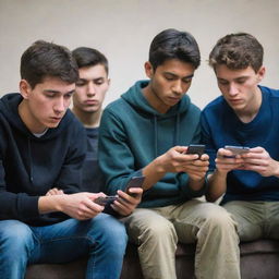 Four young men engrossed in playing a multiplayer shooting game, 'Mini Militia', on their mobile phones, showing intense focus and camaraderie.