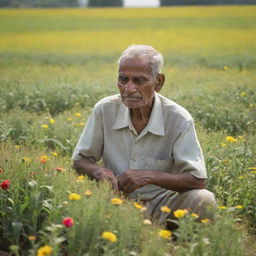 An elderly Indian farmer diligently working in luminous green fields under the radiant sunlight, surrounded by scatterings of colorful flowers like wheat, roses, and sunflowers