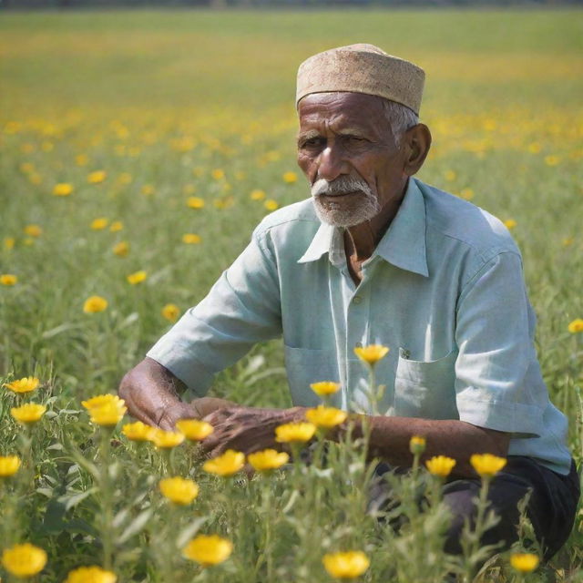 An elderly Indian farmer diligently working in luminous green fields under the radiant sunlight, surrounded by scatterings of colorful flowers like wheat, roses, and sunflowers