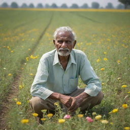 An elderly Indian farmer diligently working in luminous green fields under the radiant sunlight, surrounded by scatterings of colorful flowers like wheat, roses, and sunflowers